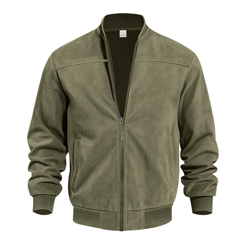 Men's plus size suede jacket with zip closure in Army Green colour with regular sleeves