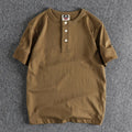 Men's pure cotton short sleeve Henry collar shirt in solid colour with straight fit, front view
