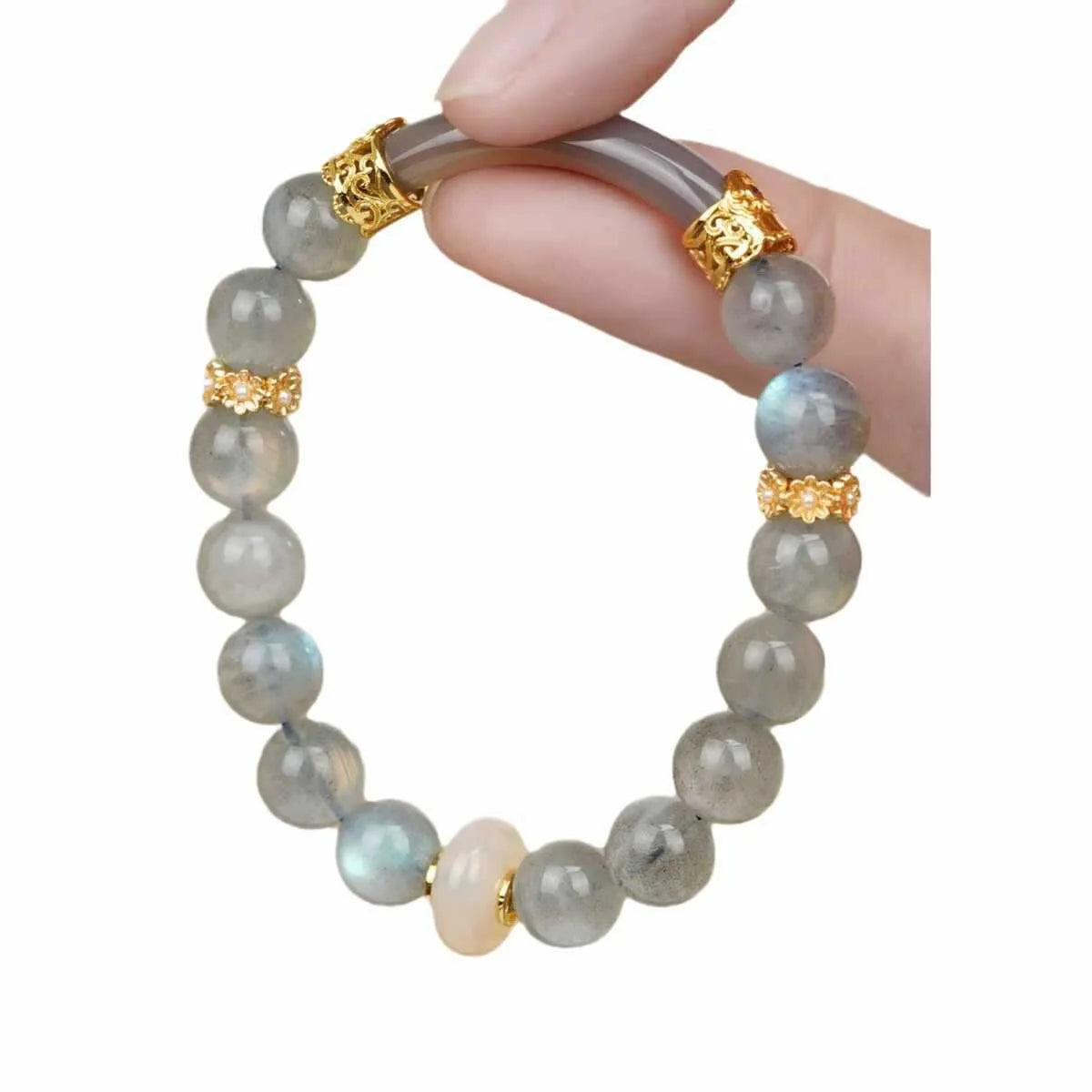A simple gray moonstone bracelet for women with 8mm round beads on a white background.
