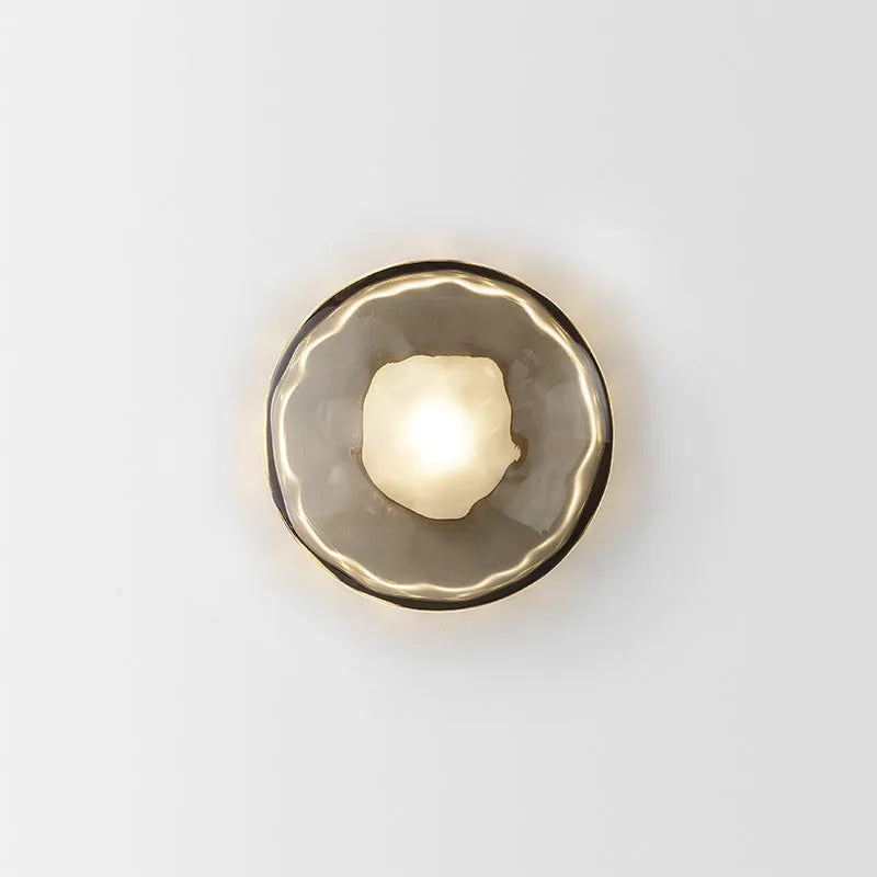 Glass art wall lamp with iron construction in transparent, smoke grey, and frosted shade options