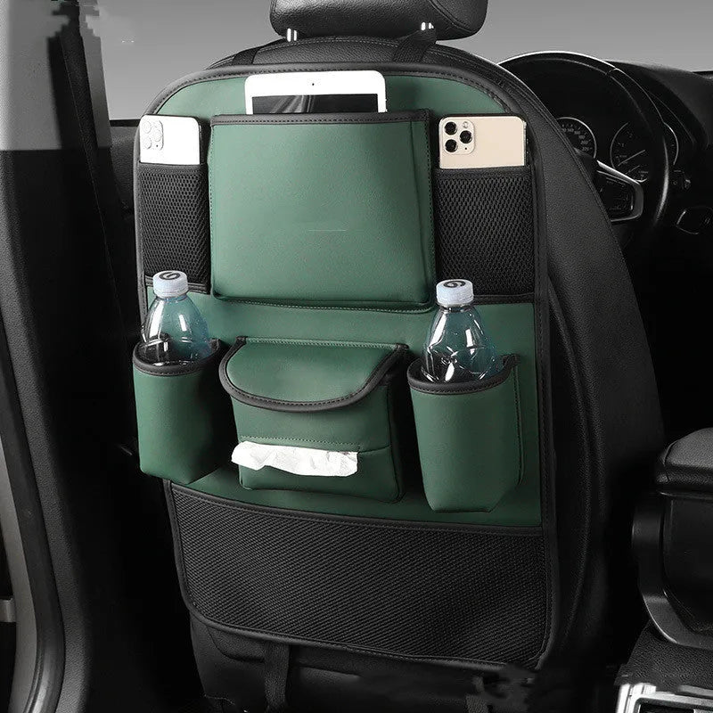 Leather car seat back storage bag in four colour options mounted behind vehicle seat