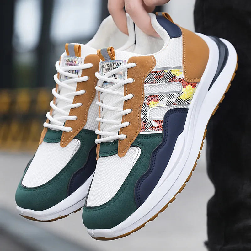 Men's white green mesh sports shoes with plastic sole and leather toe holder