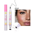 Women's double-headed brown liquid eyeliner pen with fleck removal tip and eyebrow pencil included on white background