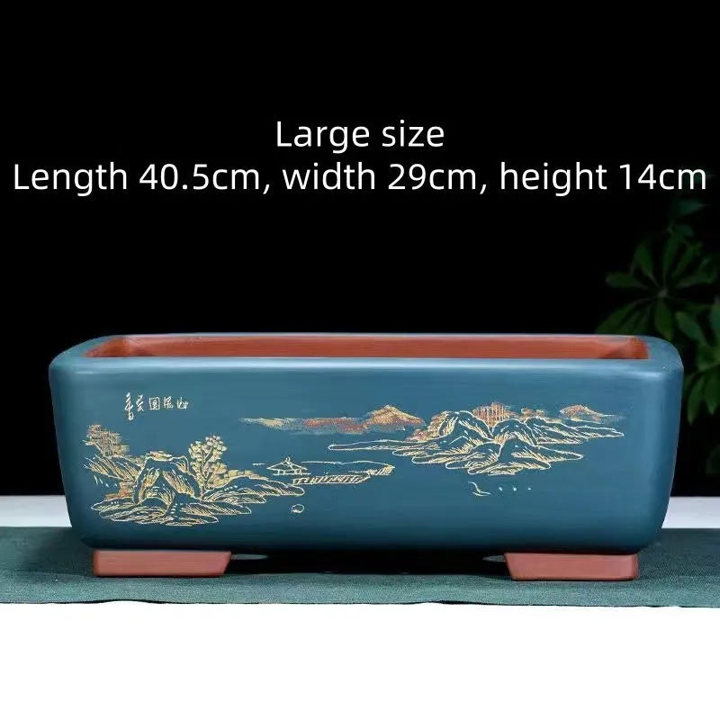 Handmade rectangle purple clay bonsai pot in large size for banyan tree or luohansong display.
