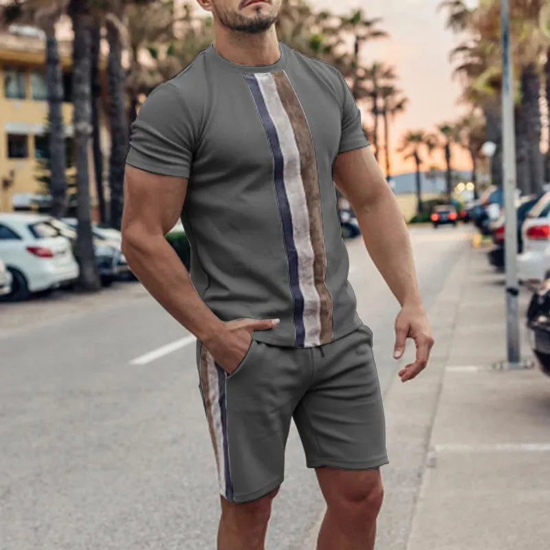 Men's short sleeve casual suit two-piece set in beige, featuring cotton blended polyester T-shirt and matching shorts for leisure wear