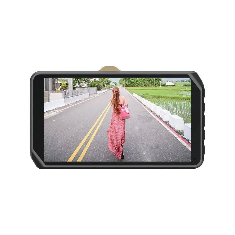 4 inch front and rear dual lens dashboard camera with touch screen display mounted in car