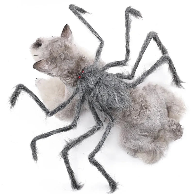 A grey spider costume for a dog or cat, showing the Halloween pet clothing.