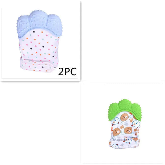 Baby silicone teething glove with Velcro strap in a smiley face yellow design.