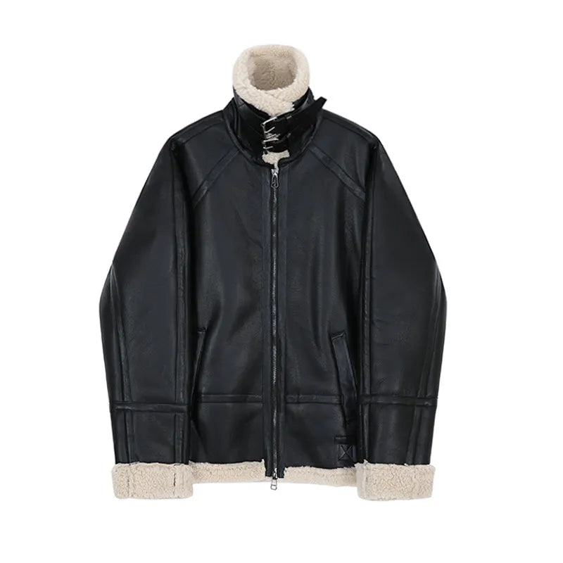 Men's black PU leather jacket with padded collar, front zip, and long sleeves on a model
