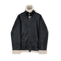 Men's black PU leather jacket with padded collar, front zip, and long sleeves on a model