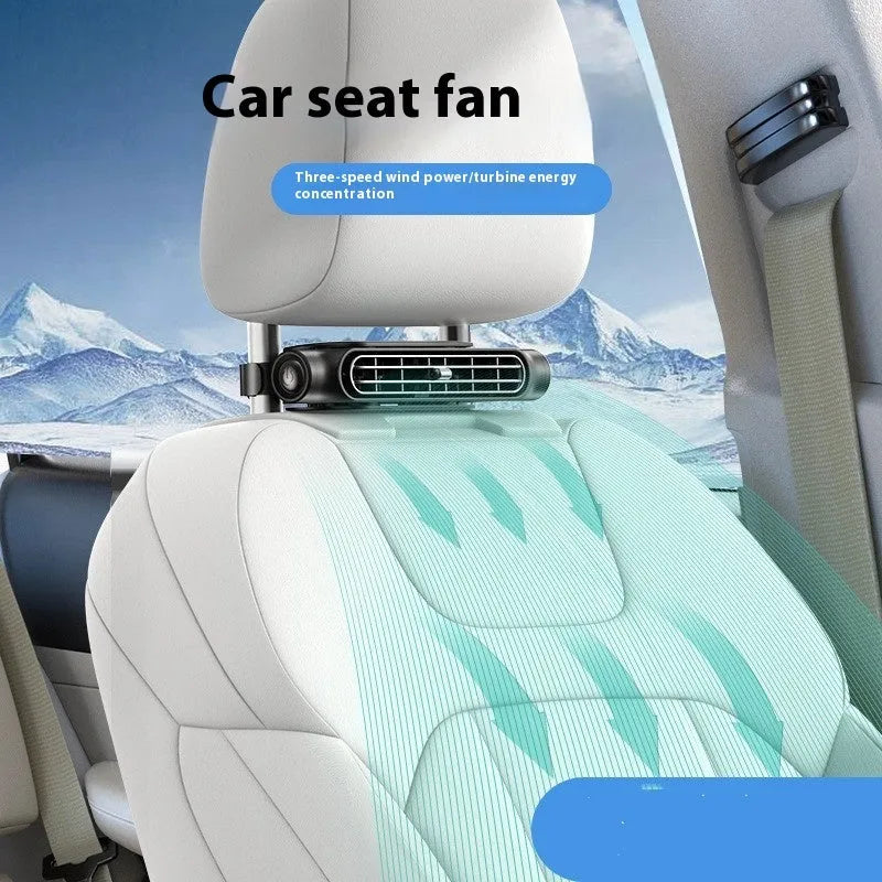 Beige bladeless USB car fan with Velcro mount attached to a car headrest