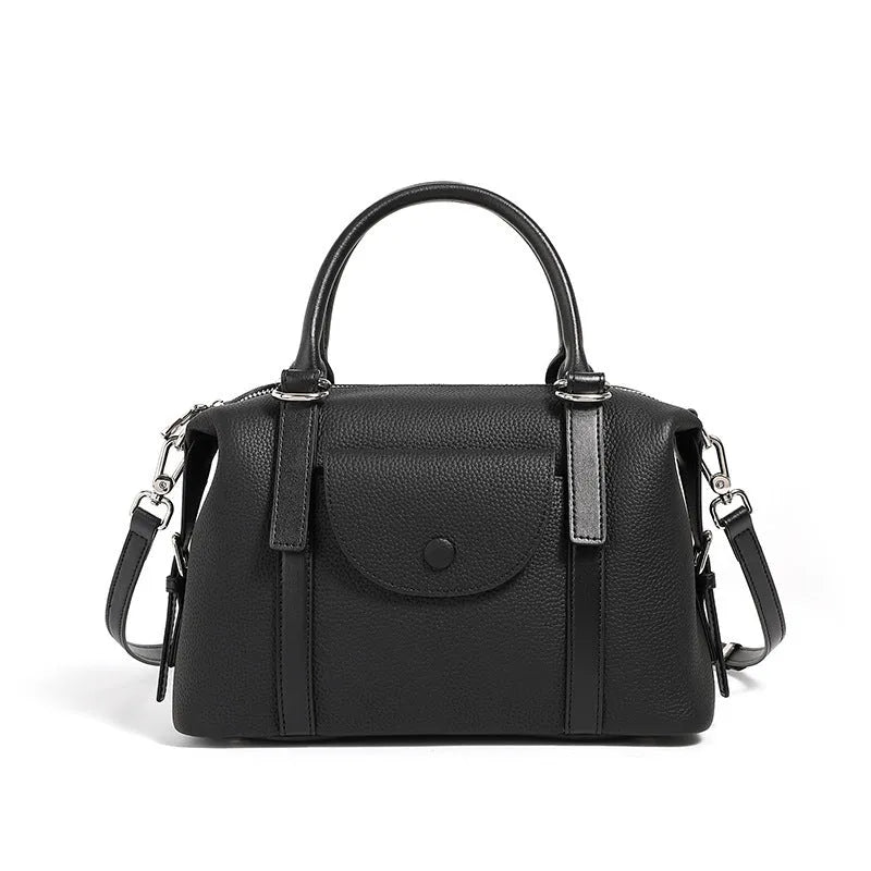 Genuine leather ladies handbag with contrast stitching in black, brown, or elephant grey