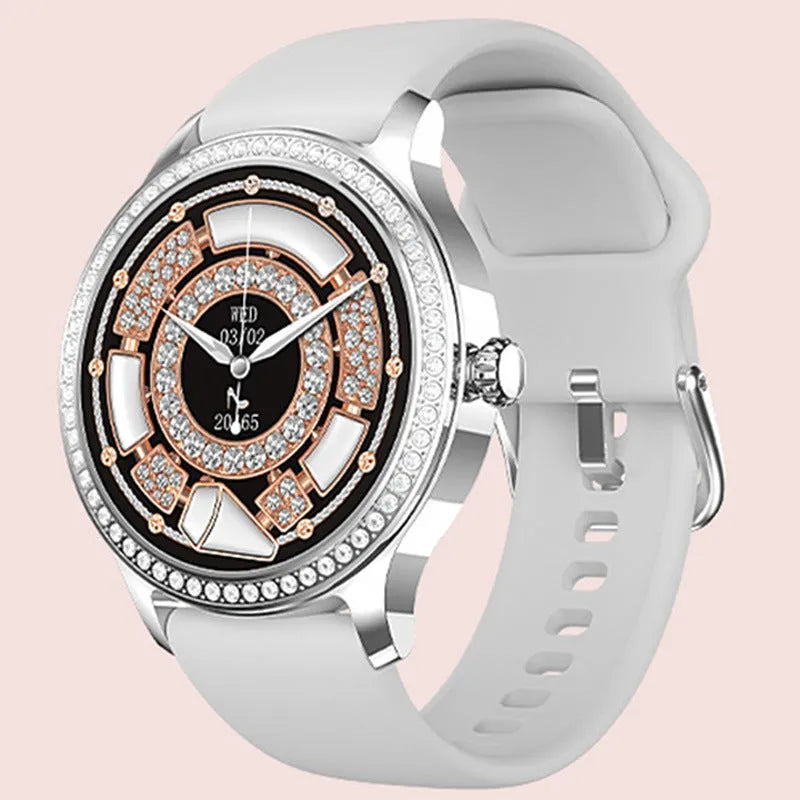 Women's smart watch with Bluetooth calling in gold Milan steel finish showing TFT screen display