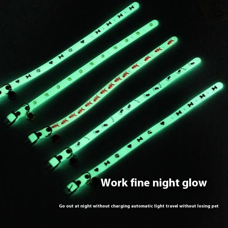Luminous cat collar with adjustable silicone strap and metal bell in one of four patterns