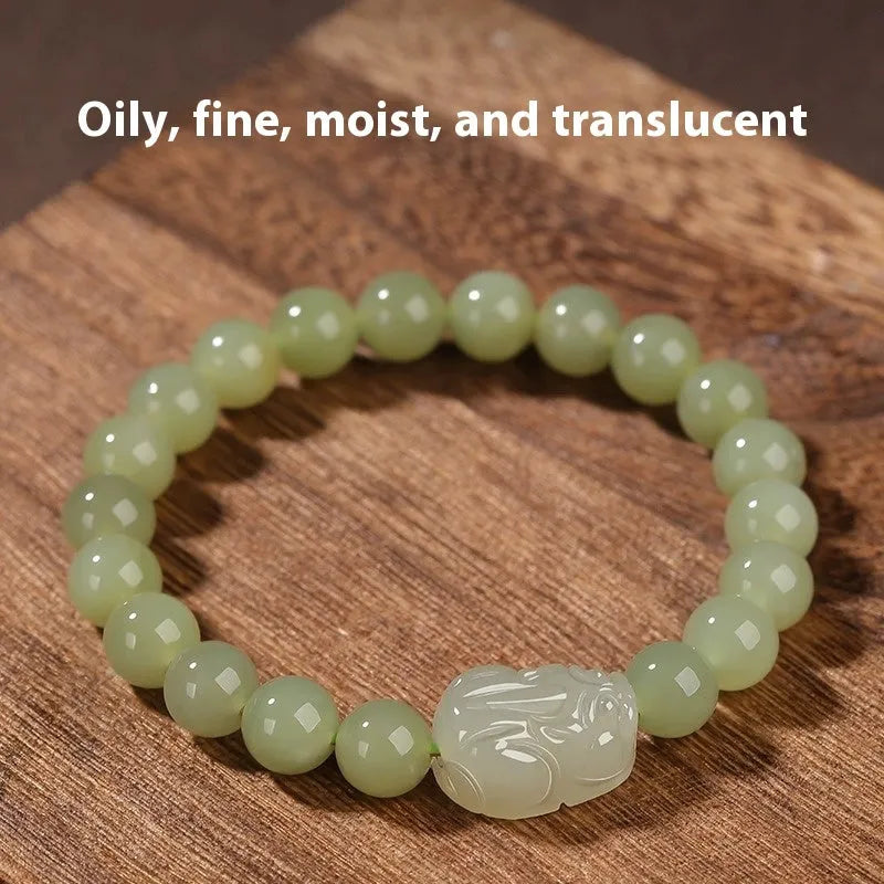 Grey Hetian jade ethnic bracelet with polished beads in 6mm, 8mm, and 10mm size options