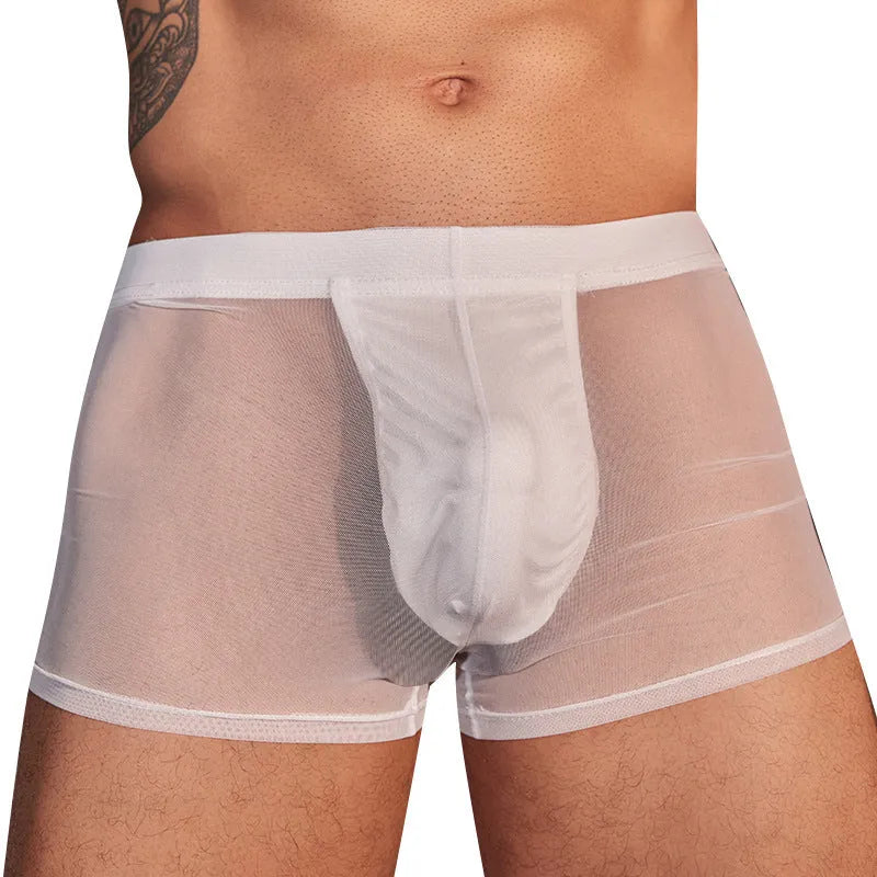 Men's black ultra-thin nylon boxer briefs laid flat, showing low-rise waistband and simple design.