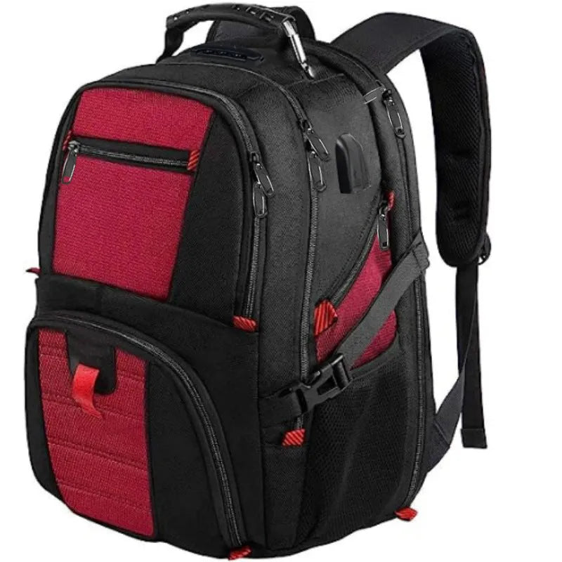 Large black USB charging backpack with curved shoulder straps showing external USB port and Oxford cloth texture