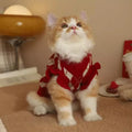 Red cat sweater with rhombic diamond embroidery pattern, a knitted polyester jumper for pets.