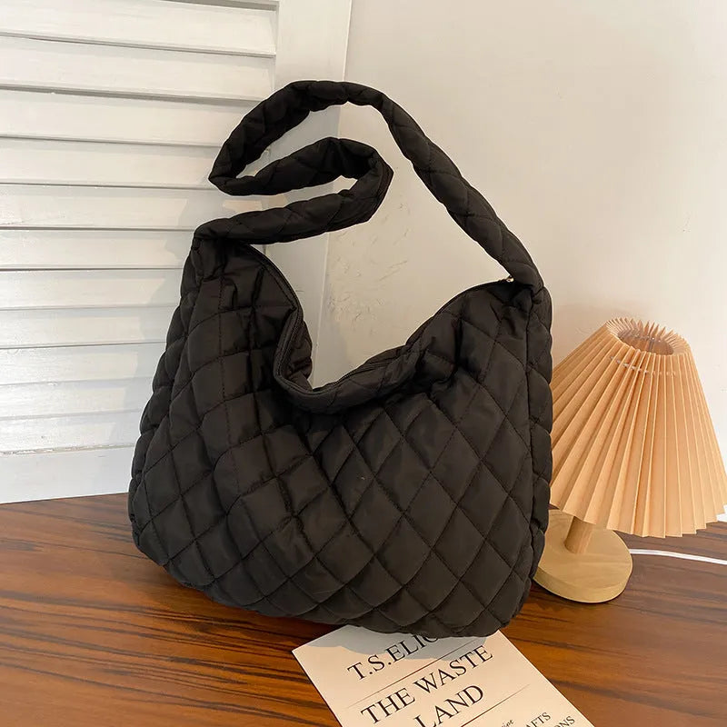 Women's large nylon tote shoulder bag with zip, soft handle, 60cm strap, in white or black