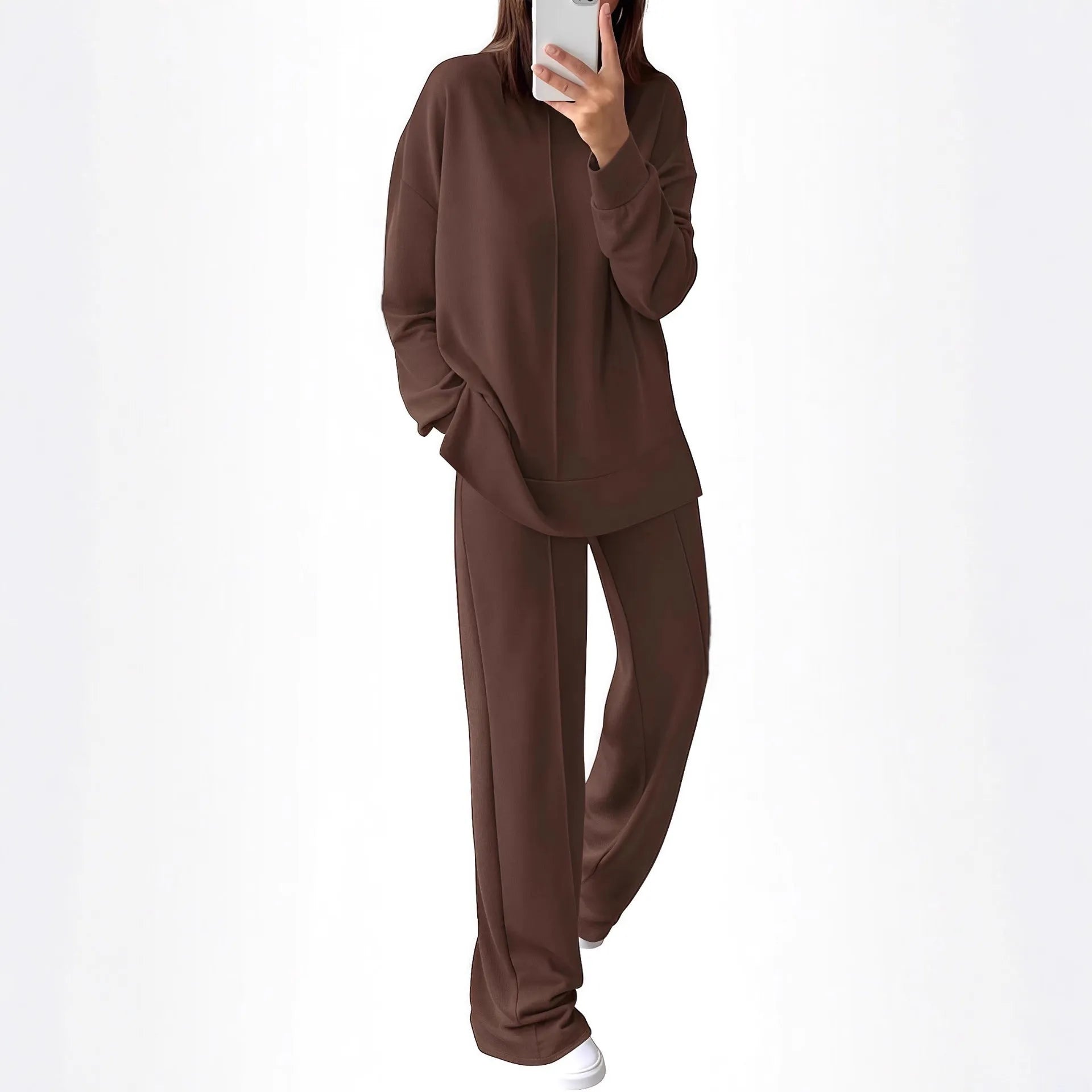 Women's long sleeve polyester jogging suit set in army green, shown as a top and trousers.