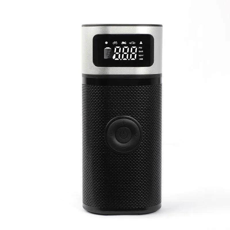 Black portable wireless air pump with USB charging cable and multiple inflation nozzles