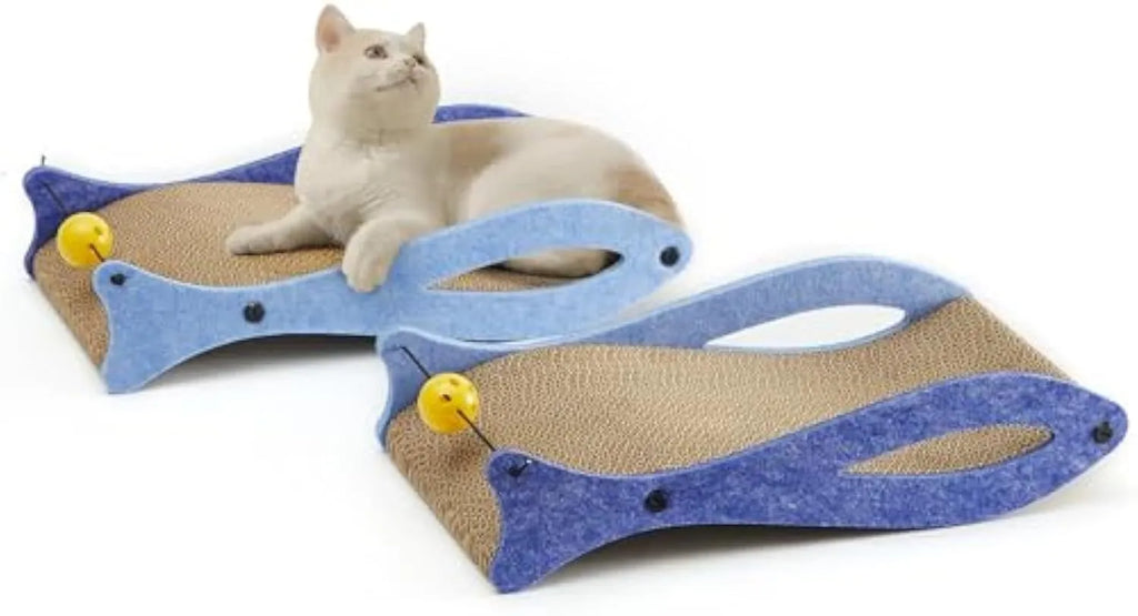 Blue fish-shaped cardboard cat scratcher lounge with a bell ball toy attached.