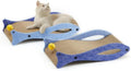 Blue fish-shaped cardboard cat scratcher lounge with a bell ball toy attached.
