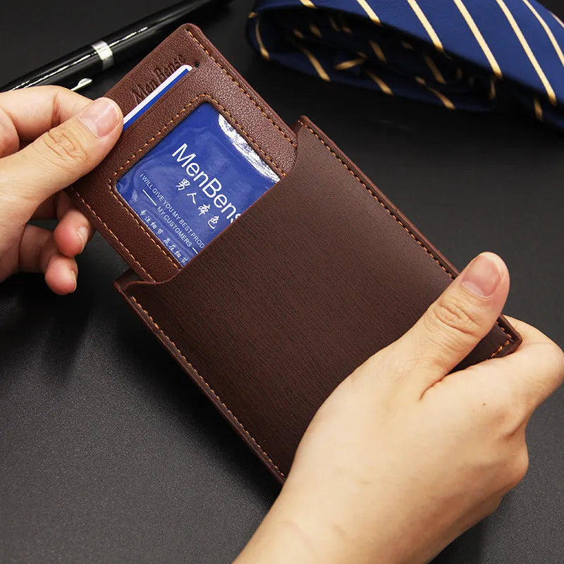 Men's black PU leather short wallet with iron-edge construction showing card slots and note compartment