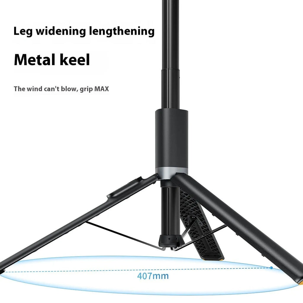 Mobile Bluetooth live streaming integrated stand selfie stick in black alloy on a tabletop with smartphone attached for hands-free recording.