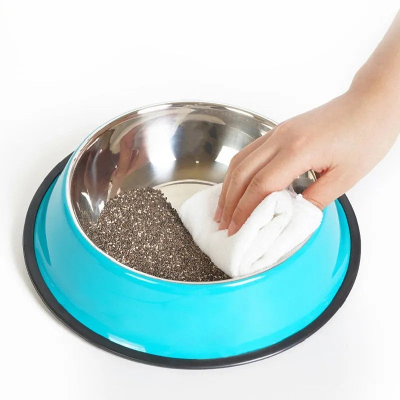 Stainless steel and colourful melamine dual pet bowl with non-slip base for food and water feeding