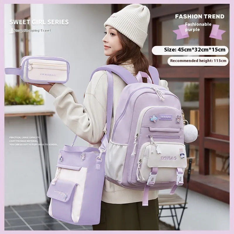 Girls waterproof school backpack in pink colour with curved shoulder straps and spine protection features