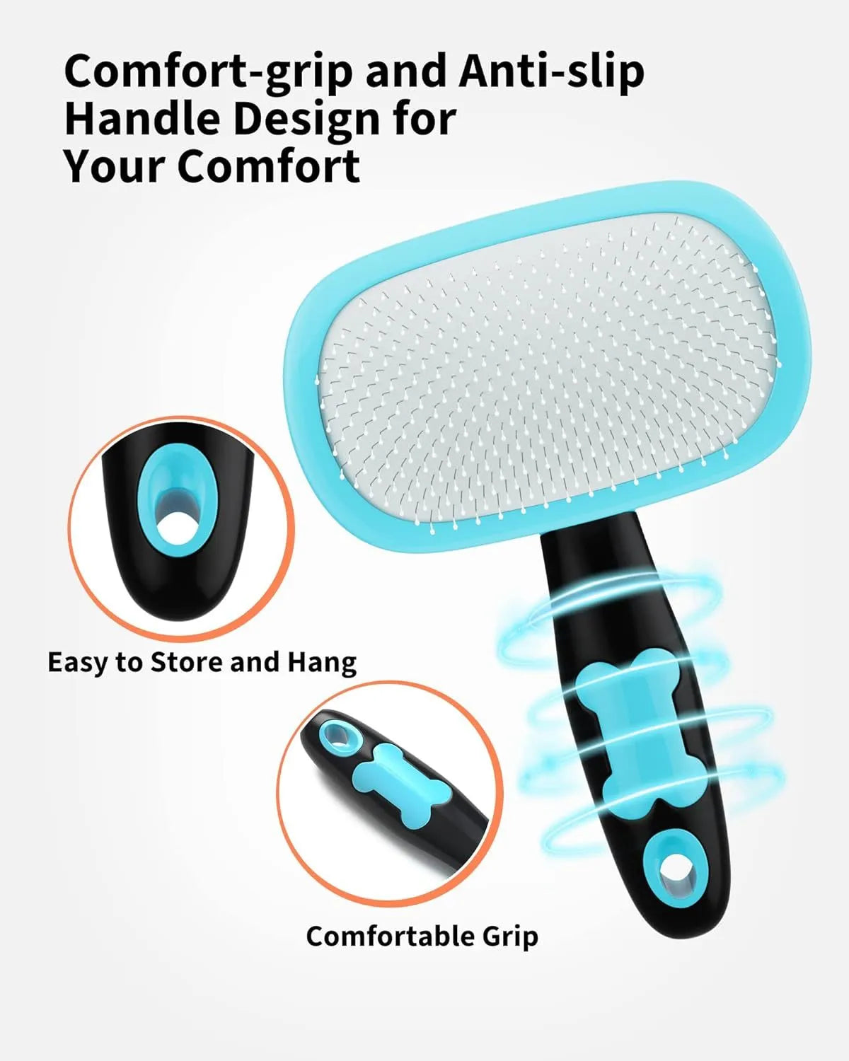 Blue large rectangular pet grooming brush with stainless steel bristles and rubber handle on white background