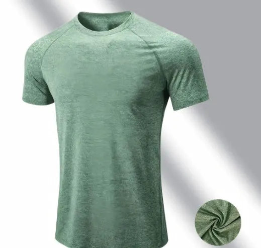 Men's tight stretch round neck short sleeve t-shirt in grey polyester fabric.