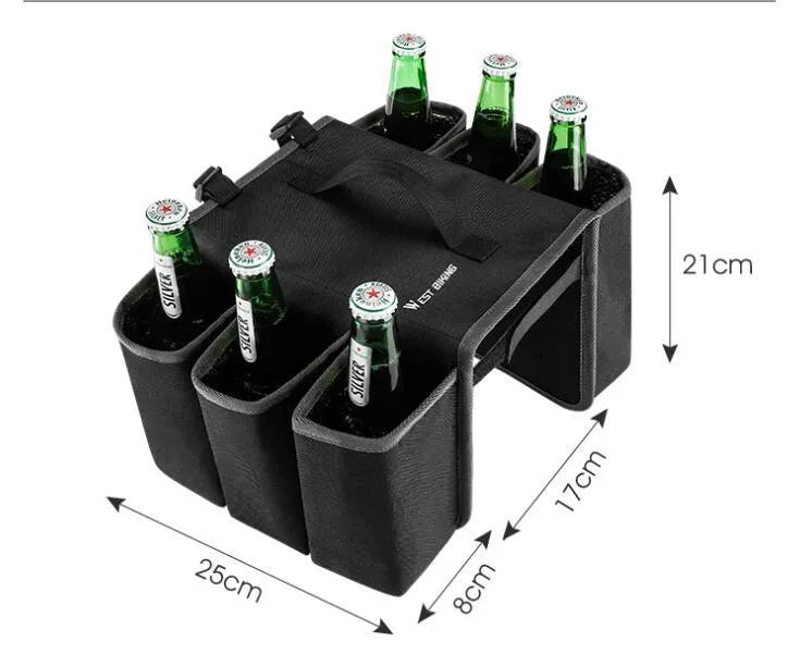 Black bicycle drink cage storage bag mounted on a bottle cage, showing its 2-litre capacity and scratch-resistant side panels.