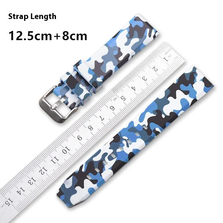 Green camouflage silicone watch strap showing 20mm width and buckle detail.