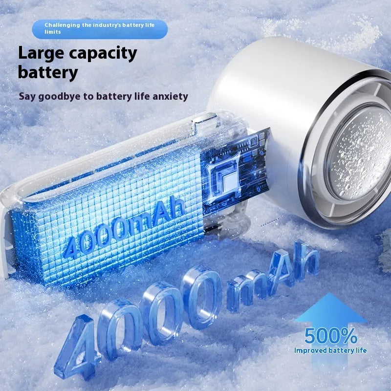 Handheld electric fan with neck strap shown in blue colour, featuring a folding design and USB port.