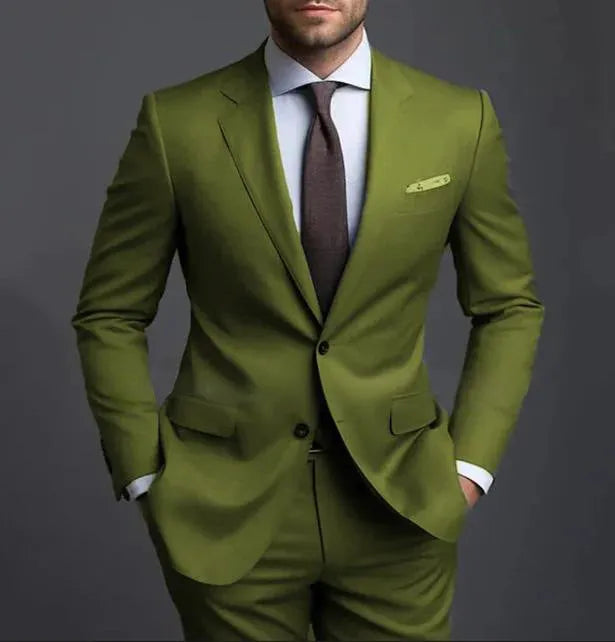Business casual men's slim fit two-piece suit set in blue with jacket and trousers on mannequin