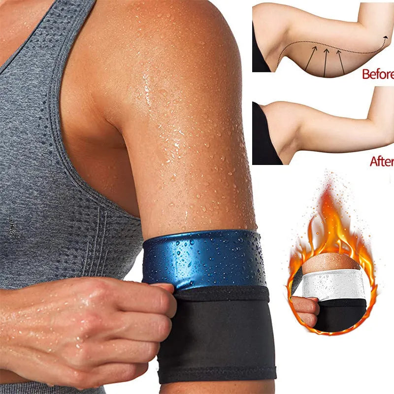 Adjustable black and red neoprene arm sweatband with Velcro strap wrapped around an upper arm.