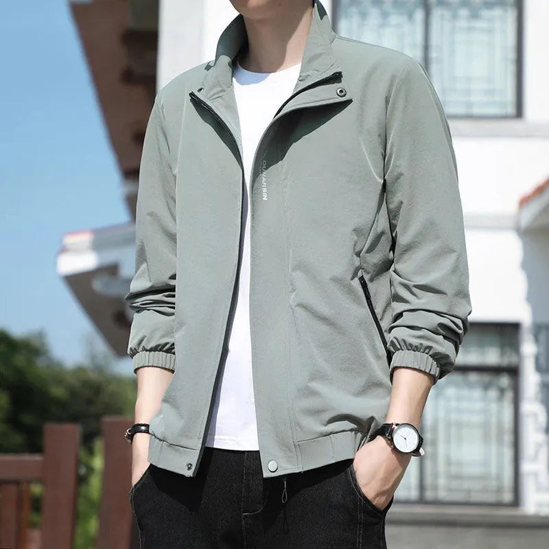 Men's stand collar casual coat in polyester with straight hem and long sleeves