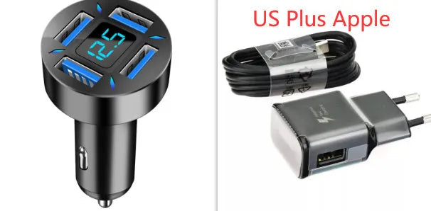 Four-port USB car charger with digital LED display for use in vehicles