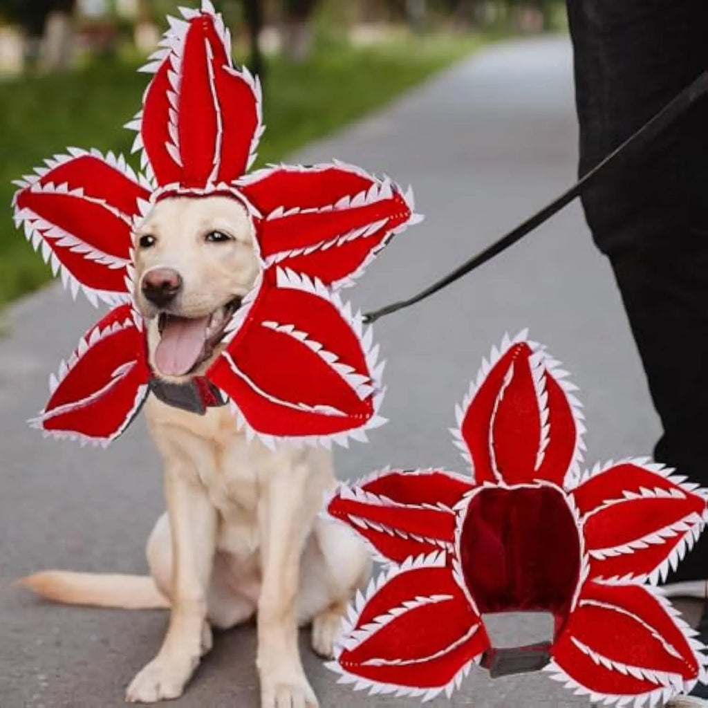 Medium dog demon horn costume headband with black plastic horns and red flower for Halloween