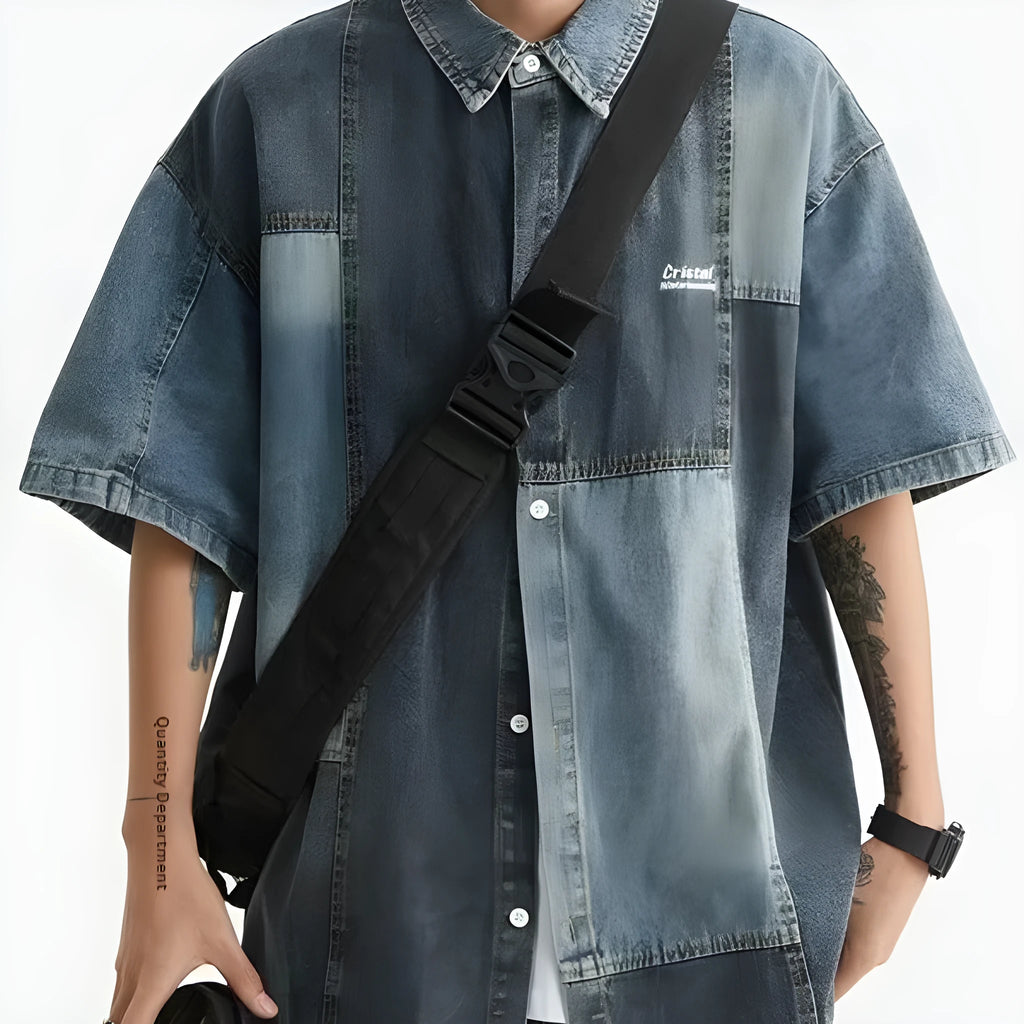 Men's blue Japanese-style retro denim shirt with washed stitching and loose cardigan fit