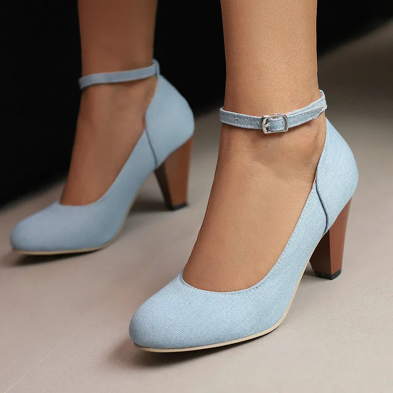 Women's blue denim waterproof platform high heel shoes with buckle fastening and round toe