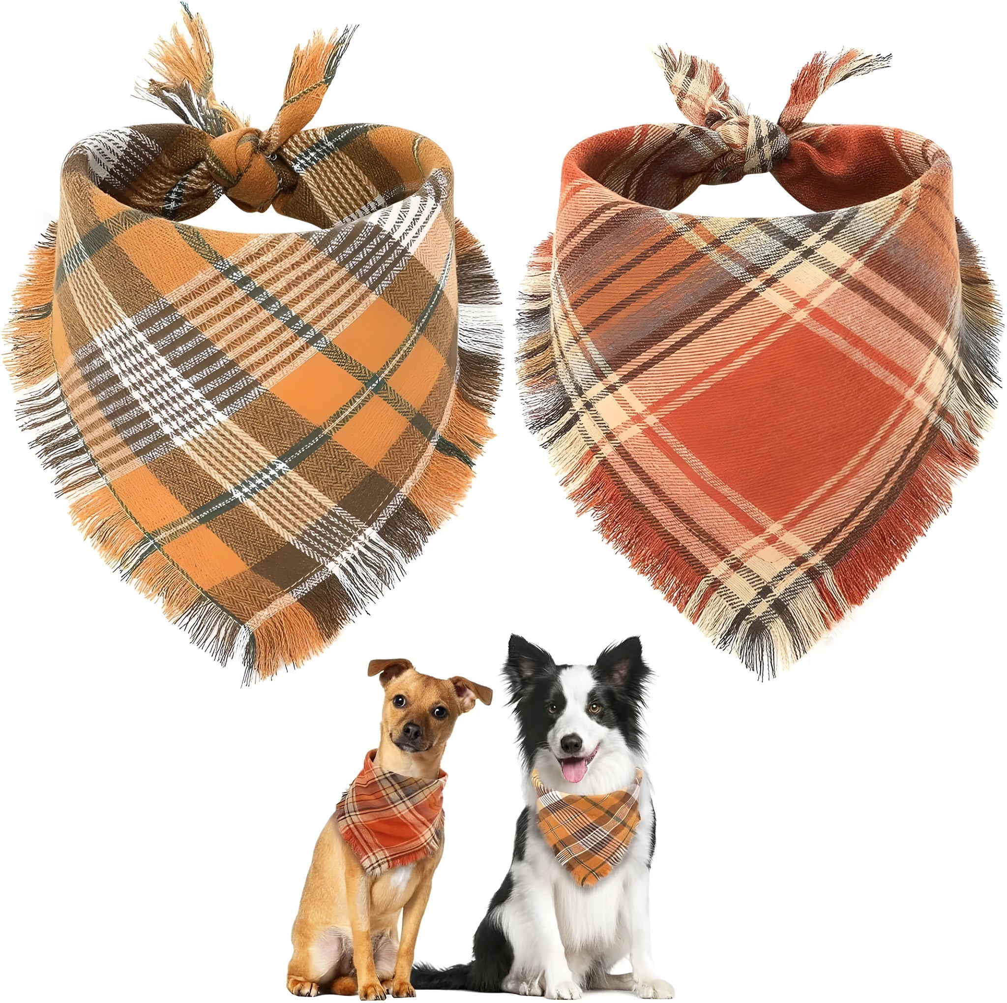 Plaid triangle dog bandana with tassels in autumn colours like orange and brown