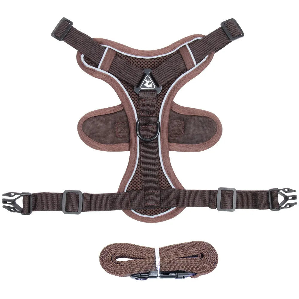 Adjustable mesh cat harness with reflective strips in Blue, Coffee, or Gray colours