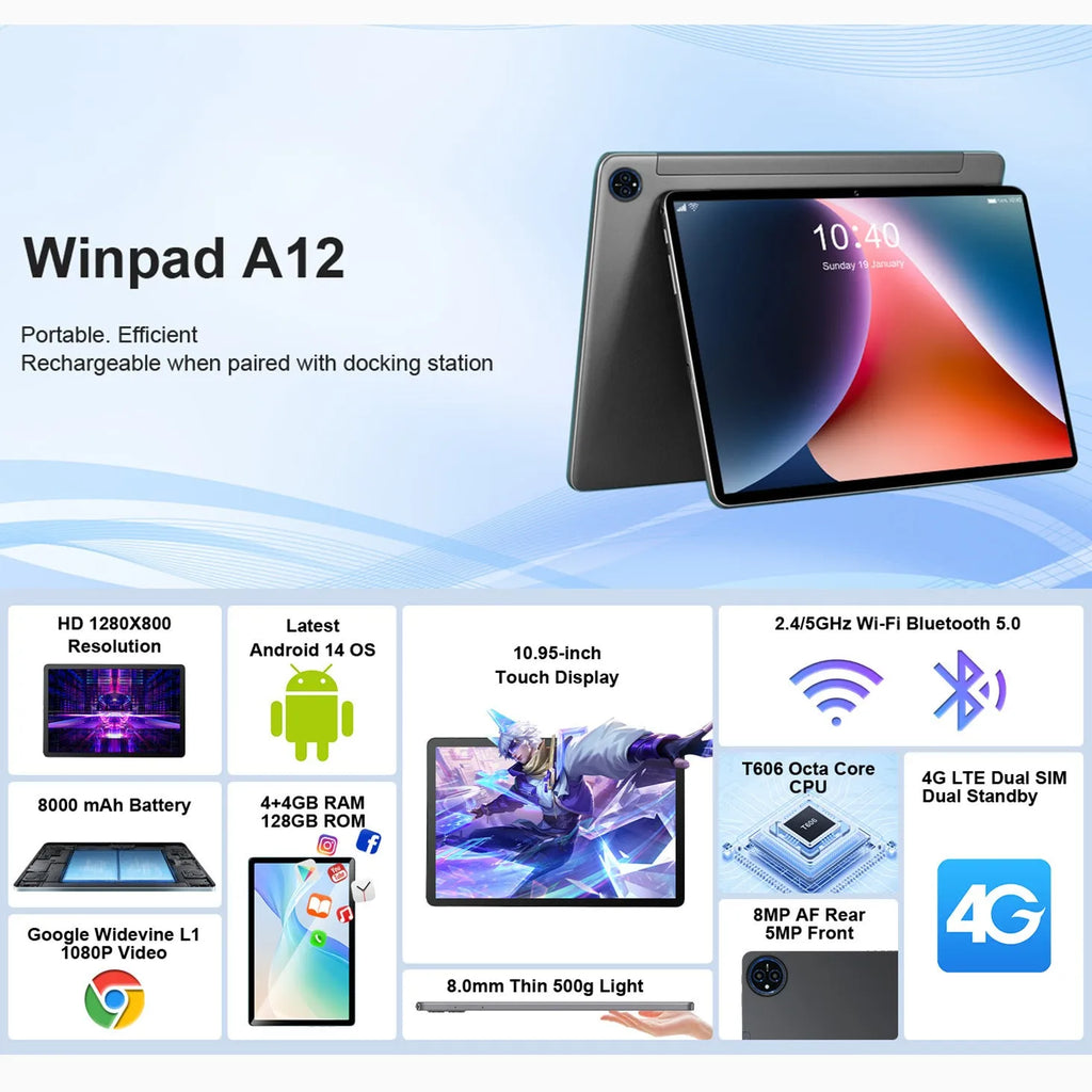 10 inch bare metal blue business tablet pc with screen, shown alongside included charger and accessories.