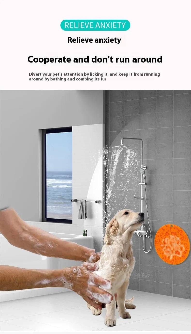 Round silicone pet licking mat with suction cups on a flat surface.