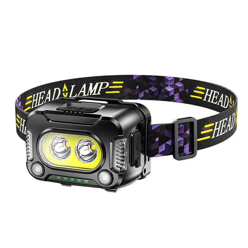 Black COB LED rechargeable headlamp with touch switch, 200m beam, Type-C charging, for fishing and running