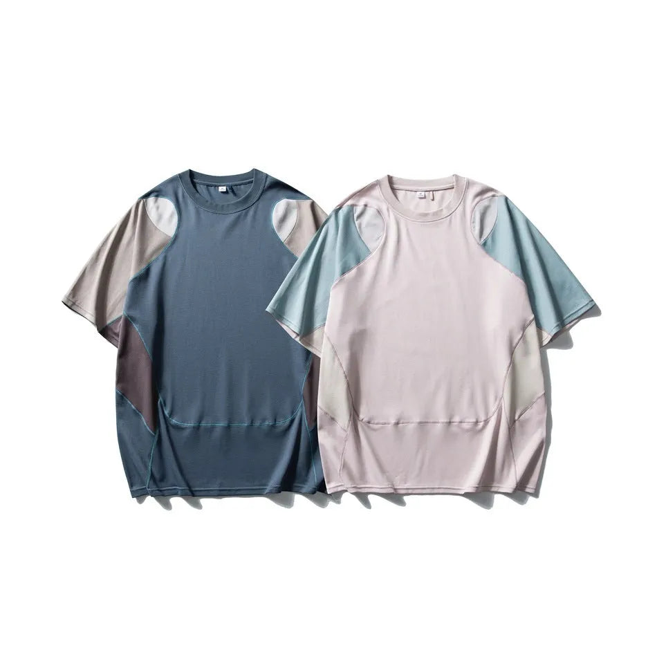 Men's loose patchwork contrast colour sports T-shirt with raglan short sleeves in cotton blend fabric