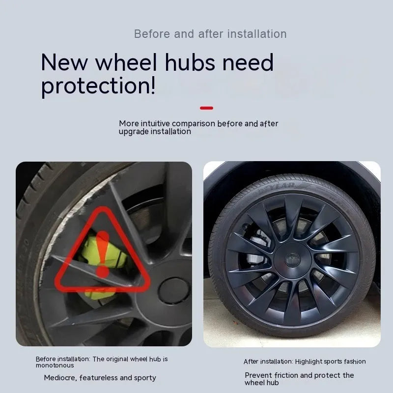 Set of four plastic wheel hub covers with steel ring for Tesla Model Y in different colours.